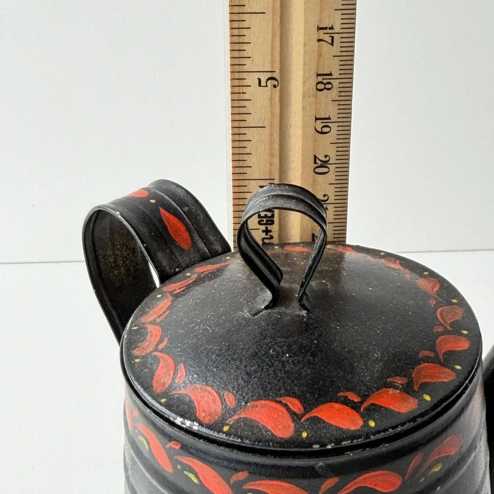 Vintage Toleware Coffee Pot Pitcher Black Folk Art Floral Heart Farmhouse Rustic
